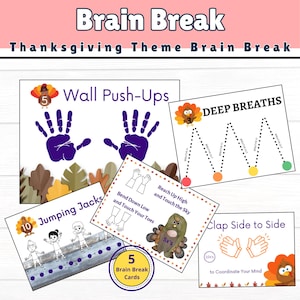 Brain Break Cards. Mental Health Kids Activity. 5 Structured Fitness Posters for Kids.