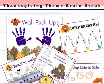 Brain Break-kaarten. Geestelijke gezondheid kinderactiviteit. 5 fitnessposters met structuur voor kinderen.