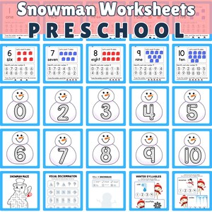 May include: A set of printable snowman-themed worksheets for preschoolers. The worksheets include activities such as counting, tracing numbers, and matching. The worksheets are designed to help children learn basic math skills and develop fine motor skills.