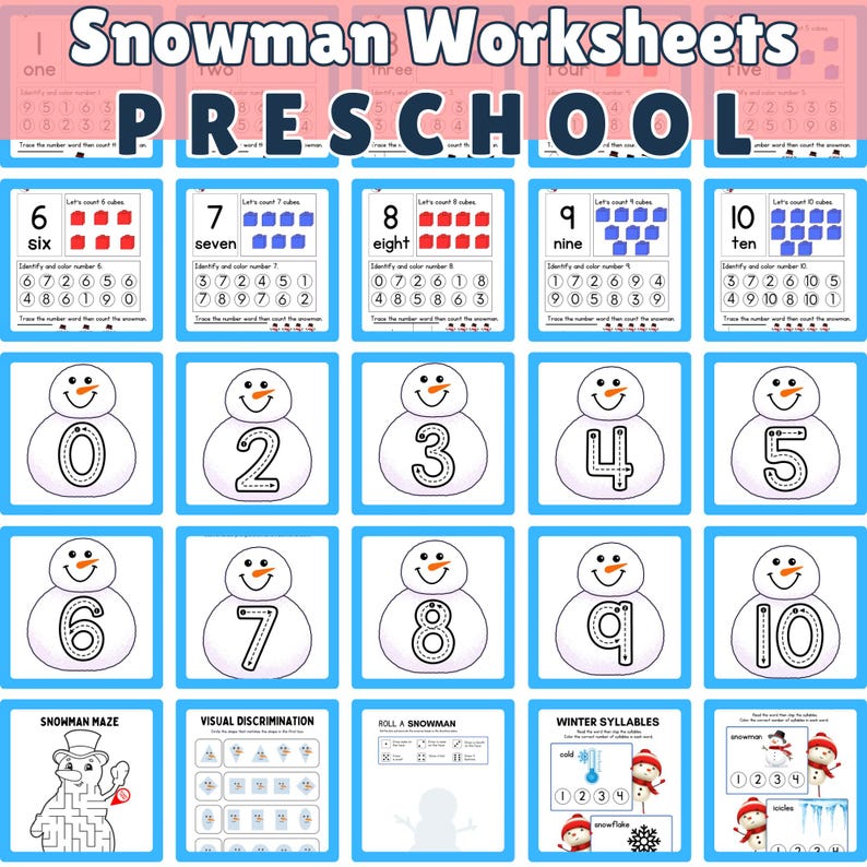 May include: A set of printable snowman-themed worksheets for preschoolers. The worksheets include activities such as counting, tracing numbers, and matching. The worksheets are designed to help children learn basic math skills and develop fine motor skills.