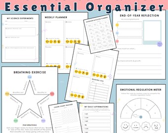 May include: A set of printable homeschool planner pages with a blue and pink color scheme. The pages include a weekly planner, a chore chart tracker, a reading log, an outdoor activities planner, a breathing exercise, a star breathing exercise, a my science experiments page, a my daily affirmations page, and an end-of-year reflection page.