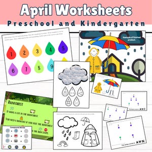 May include: A set of printable April-themed worksheets for preschool and kindergarten. The worksheets feature activities like counting raindrops, matching numbers to colors, and completing compound words. The worksheets are designed to help children learn about the month of April and the spring season.