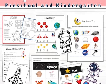 May include: A set of printable space-themed activities for preschool and kindergarten children. The activities include counting, rhyming, and a space trip game. The worksheets feature colourful illustrations of rockets, astronauts, planets, and stars.