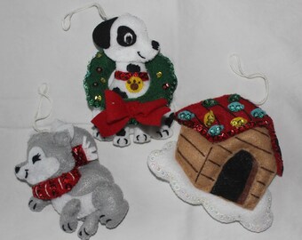 SET OF 3 - Handmade Felt Dog ornaments.