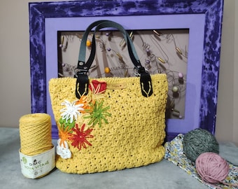 Crochet bag, summer bag, yellow bag with flowers, handmade bag, bag with eco-leather handles