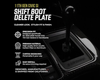 2022-2025 11th Gen Honda Civic SI/Sport Shift Boot Delete Plate: Matte Black ABS Carbon Fiber Custom Engraving