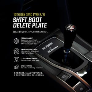 May include: A matte black 3D printed shift boot delete plate for a 10th generation Honda Civic Type R or Si. The plate features the text mr.kpkm x SLD WORKS and is installed around a black gear shift knob in a vehicle center console.