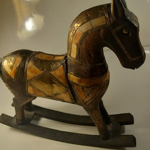 Antique Carved Wood Hammered Brass & Bone Inlaid Rocking Horse