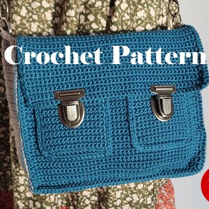May include: A teal crochet bag with two pockets and silver clasps. The bag has a grey crocheted trim and a strap. The text "Crochet Pattern" is written in white on the bag. The image also includes the text "PDF" in a red circle.