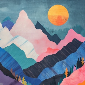 Mary Blair Style Mountain Print: Pastel Landscape Art (Digital Download)