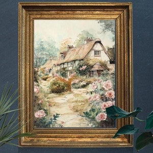 English cottage wall art - thatched roof cottage - watercolor style cottage and roses - English countryside print -vintage  country cottage