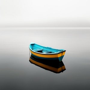 still water print - serene rowboat art - solitude print - quiet waterscape art - grey tone lake print - minimalist decor - contemplative art