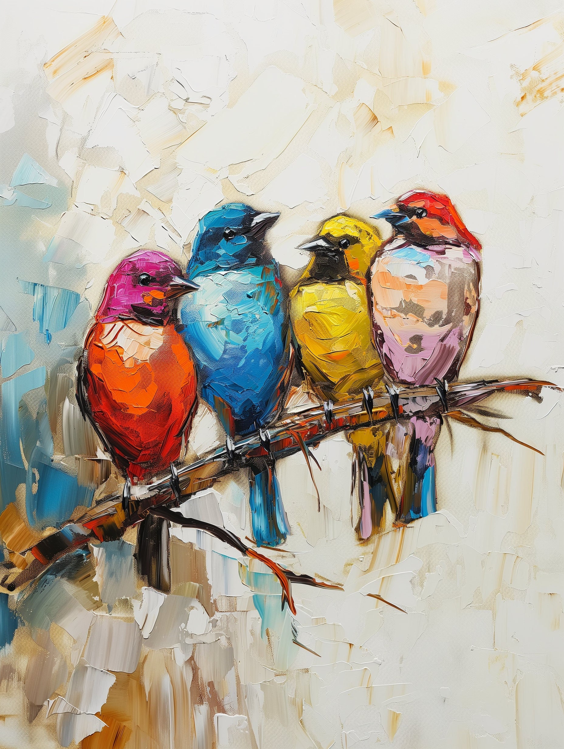 絵画 bird Tropical Bird Art Print: Colorful Impasto Birds on Branch (digital