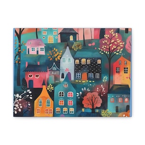 Mary Blair Inspired Houses Canvas Print: Whimsical Pastel Nursery Art