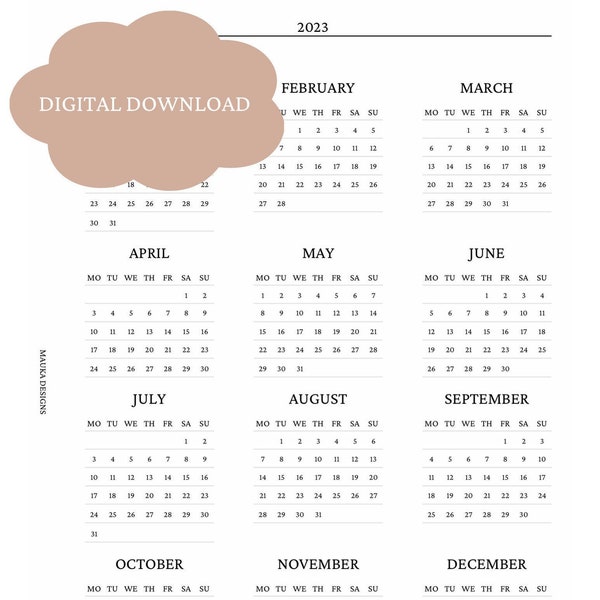 Letter Size 2023 Year at a Glance Printable Planner Insert | Personal Size Inserts | Letter PDF Template | Minimalist Planner Printable PDF