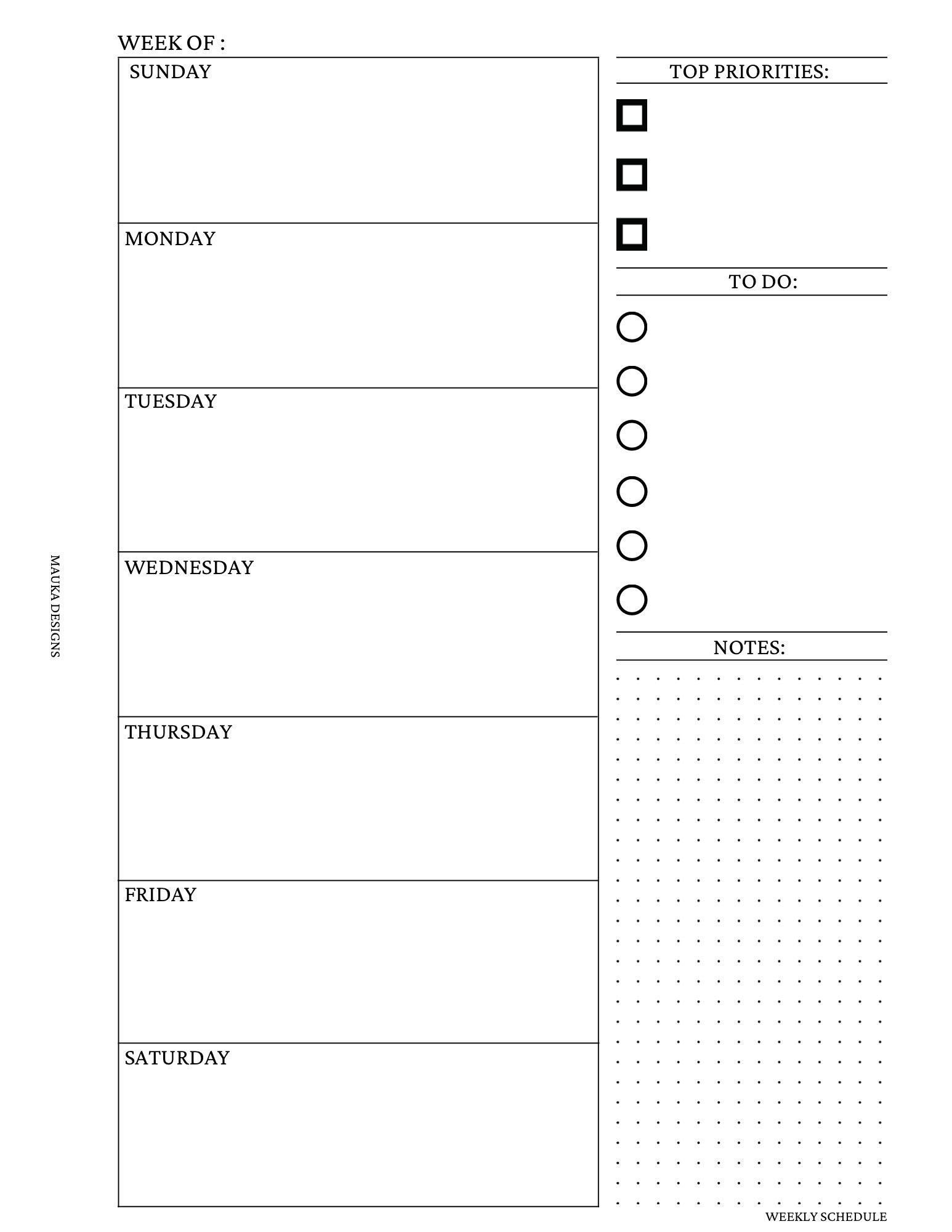 A5 weekly schedule printable planner insert personal size inserts