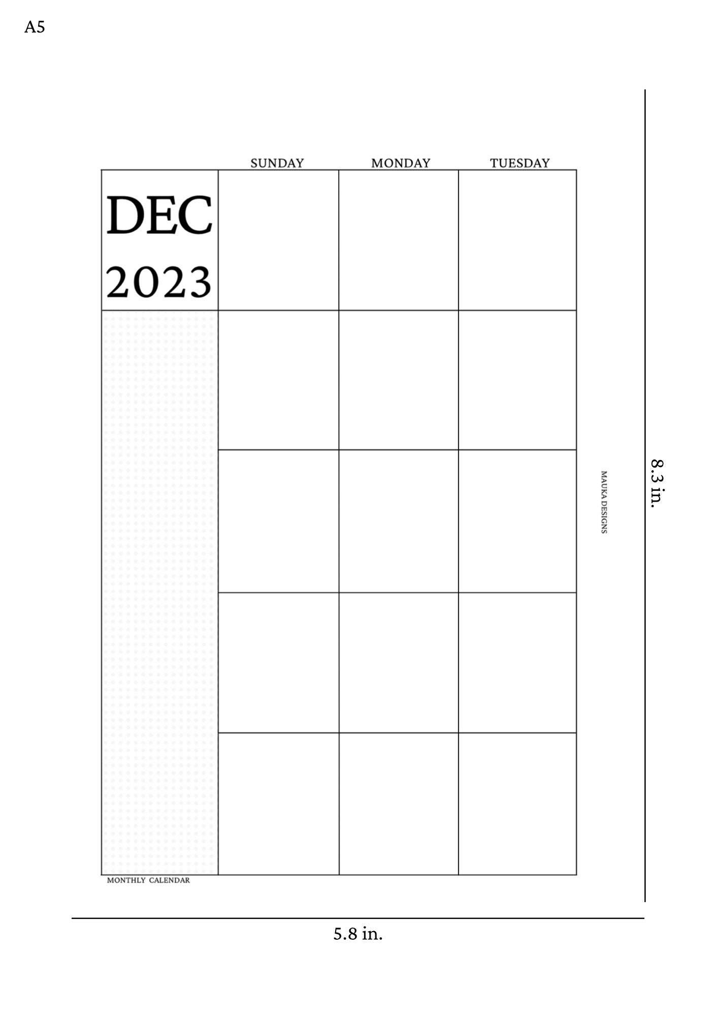 A5 Monthly Calendar Printable Planner Insert Personal Size Inserts ...