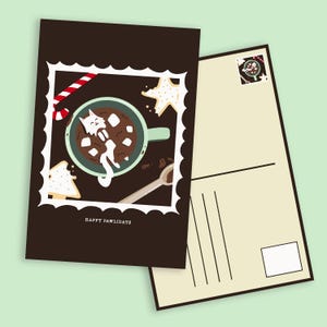 Cartão postal de gato de cacau para download digital | Cartão de felicitações de Natal | Feriado engraçado para amantes de gatos fofos | Ilustração de gato branco para impressão