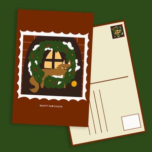 Cartão postal de gato de guirlanda para download digital | Cartão de felicitações de Natal | Feriado engraçado e fofo para amantes de gatos | Ilustração de gato marrom para impressão