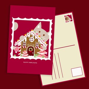 Postal digital con gato en forma de casa de jengibre / Tarjeta de felicitación navideña / Divertidas y tiernas vacaciones para amantes de los gatos / Ilustración imprimible de gato gris