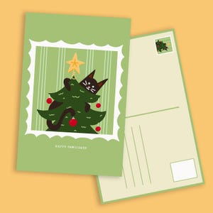 Weihnachtsbaum Postkarte Digitaler Download | Weihnachtskarte | Lustige niedliche Katzenliebhaber Urlaub | Druckbare schwarze Katze Illustration