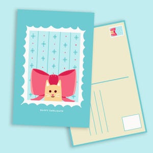 Cartão postal de gato com laço para download digital | Cartão de felicitações de Natal | Feriado engraçado para amantes de gatos fofos | Ilustração de gato branco para impressão