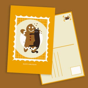 Cartão postal de gato de gengibre para download digital | Cartão de felicitações de Natal | Feriado engraçado para amantes de gatos fofos | Ilustração de gato preto para impressão