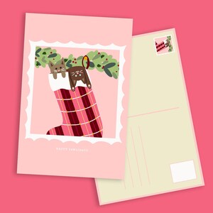 Cartão postal de gatos de meia para download digital | Cartão de felicitações de Natal | Feriado engraçado para amantes de gatos fofos | Ilustração de gato marrom para impressão