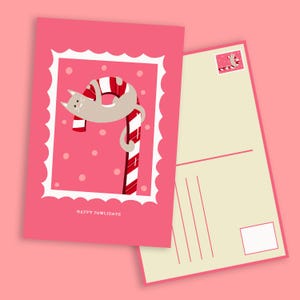 Téléchargement numérique de carte postale de chat de canne de sucrerie | de voeux de Noël | Des vacances drôles et mignonnes pour les amoureux des chats | Illustration imprimable de chat gris