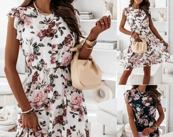 Robe bohème femme motif floral - Robe été sexy - été plage Hippie décontractée manches courtes - col rond