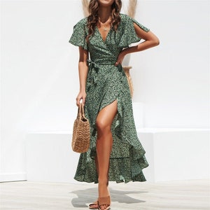 Langes Kleid Boho Frau Blumenmuster Kleid langer Sommer sexy Kleid langes Kleid Kleid bestickt Sommerstrand Hippie lässig Puffärmel Grün