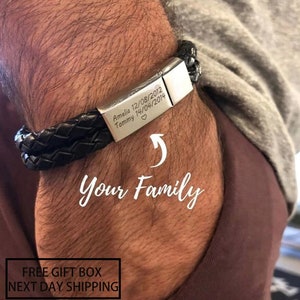 Personalized Father's Day gift, men's bracelet with personalized sterling silver beads, men's leather engraved Father's Day gift