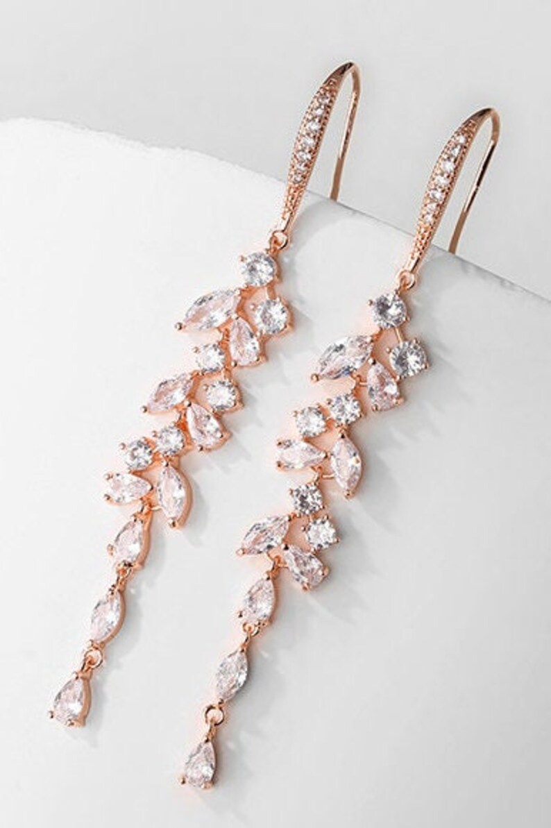 Boucles doreilles de mariée en cristal lustre Goutte de cristal or rose laiton or blanc argent Oxyde de zirconium Rose Gold