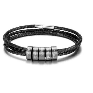 Cadeau personnalisé fête des pères, bracelet homme perles personnalisées en argent sterling, cadeau de fête des pères gravé cuir homme Black beads