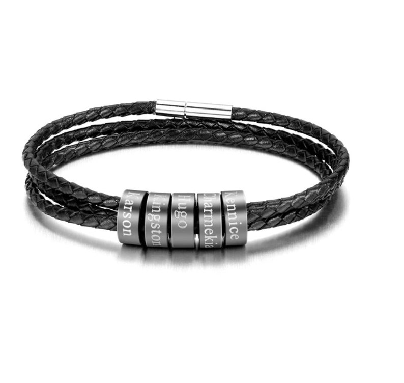 Cadeau personnalisé fête des pères, bracelet homme perles personnalisées en argent sterling, cadeau de fête des pères gravé cuir homme Black beads