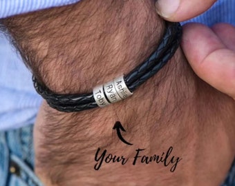 Regalo personalizzato per la festa del papà, braccialetto da uomo con perline personalizzate in argento sterling, regalo per la festa del papà in pelle da uomo incisa