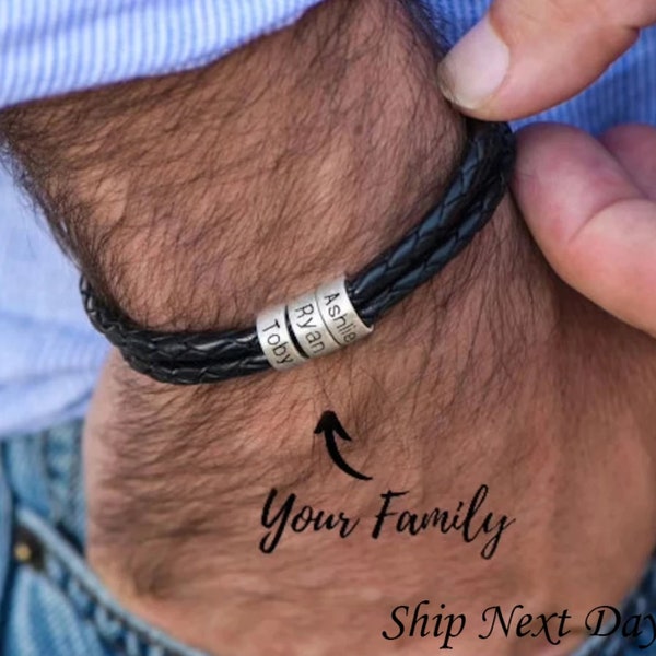 Personalized Father's Day gift, men's bracelet personalized beads in sterling silver, father's day gift engraved men's leather