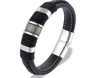 Heren band in gevlochten titanium leer Mens Custom Beads roestvrij Charm magnetisch juweel nieuw staal