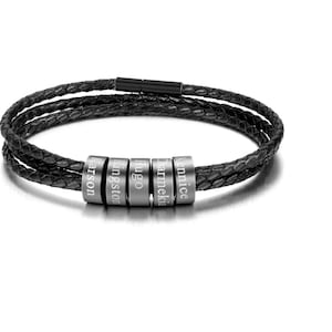 Cadeau personnalisé fête des pères, bracelet homme perles personnalisées en argent sterling, cadeau de fête des pères gravé cuir homme Black beads Black