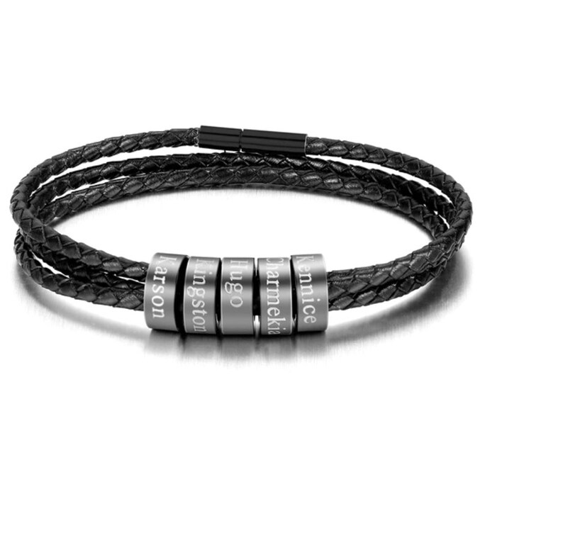 Cadeau personnalisé fête des pères, bracelet homme perles personnalisées en argent sterling, cadeau de fête des pères gravé cuir homme Black beads Black