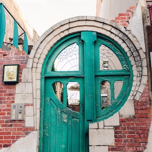 Whimsical Green Door Digital Backdrop | Unique Urban Brick Wall Photography Background | Storybook Style Composite for Seniors & creatives