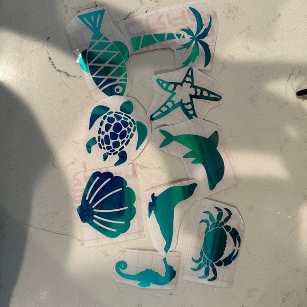 Tropical Beach Ocean theme decal stickers || dolphin, palm tree, turtle, fish, seahorse, shell, starfish, seal, crab