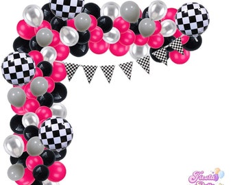 Girl Race Car Birthday Party Balloon Garland - Girl Two fast Birthday Decorations-Girl Fast One Birthday Balloon- pink race car birthday