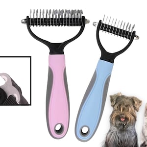 Pet Grooming Brush - Double Sided Shedding Comb - Dematting Rake Comb for Dogs and Cats - blue extra wide