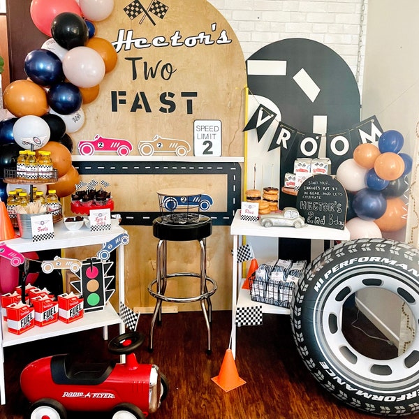 Retro Two Fast Race Car Birthday Backdrop - Vintage Two Fast Birthday Wall Art - Two Fast Balloon Banner - race Car Party sign - Two Fast