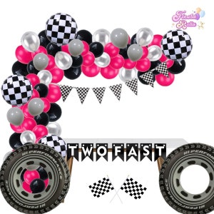 Girl Two Fast Birthday Party - Girl First Lap Car Birthday- Pink Race Car Balloon Garland - Pink Vintage Race Car Birthday Party - 2 Fast