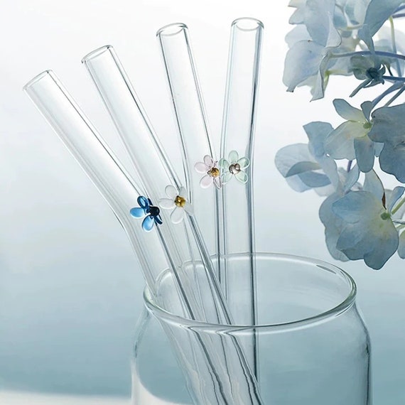 Glass Straw With Flower Flower Glass Straw Drinking Glass Straw Smoothie Straw  Glass Straw With Design Glass Straw Set With Brush 