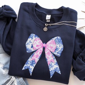Coquette Sweatshirt, Toile De Jouy Bow Sweatshirt, Blue Toile De Jouy Coquette Girl Sweatshirt, Toile De Jouy Pink Girly Sweatshirt