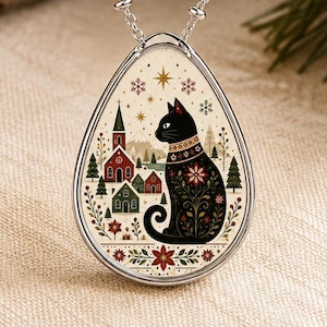 Yule Cat Necklace Nordic Folk Art Black Cat Necklace Icelandic Folklore Jólakötturinn Scandinavian Gift Iceland Gift Christmas Jewelry Gift for Cat Lover Winter Necklace Folklore Jewelry Nordic Jewelry Cat Lover Necklace