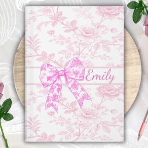 Custom Pink Coquette Journal with Name | Personalized French Toile Notebook | Floral Bow Notebook For Women | Bridesmaid Proposal Book